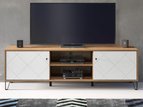 TV-Lowboard Linea wei� matt mit Rautenoptik und Eiche Artisan TV-Unterteil 183 cm mit Soft-Close