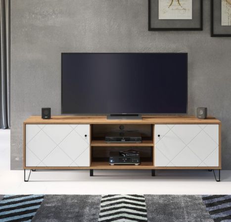 TV-Lowboard Linea wei� matt mit Rautenoptik und Eiche Artisan TV-Unterteil 183 cm mit Soft-Close