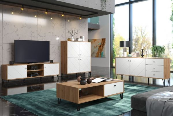 Highboard Linea in wei� matt mit Rautenoptik und Eiche Artisan Anrichte 123 x 136 cm