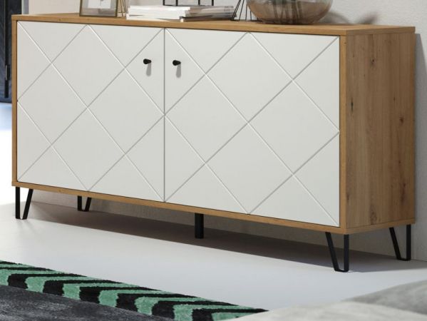 Kommode Linea in wei� matt mit Rautenoptik und Eiche Artisan Sideboard 123 cm