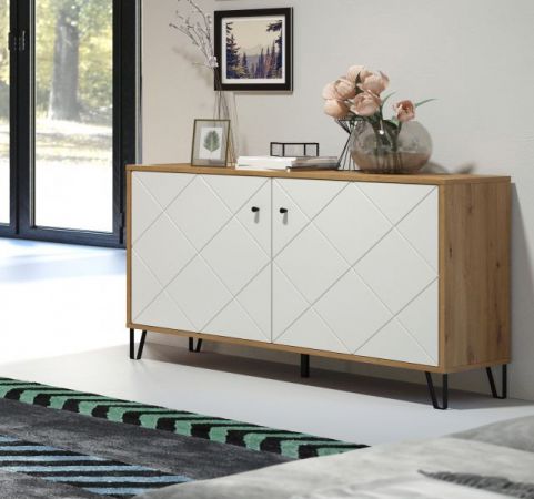 Kommode Linea in wei� matt mit Rautenoptik und Eiche Artisan Sideboard 123 cm