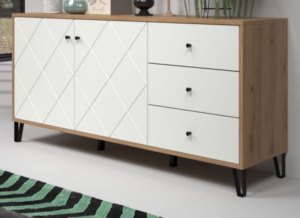 Sideboard Linea in wei� matt mit Rautenoptik und Eiche Artisan Kommode 183 cm