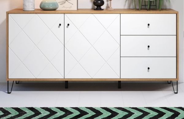 Sideboard Linea in wei� matt mit Rautenoptik und Eiche Artisan Kommode 183 cm