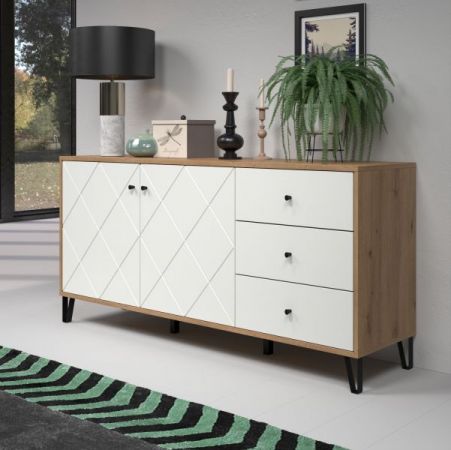 Sideboard Linea in wei� matt mit Rautenoptik und Eiche Artisan Kommode 183 cm