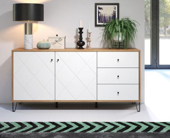 Sideboard Linea in wei� matt mit Rautenoptik und Eiche Artisan Kommode 183 cm