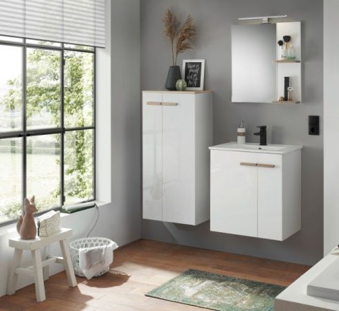 Badezimmer Kommode Dense in wei� Lack Hochglanz und Eiche Midischrank h�ngend / stehend 51 x 110 cm