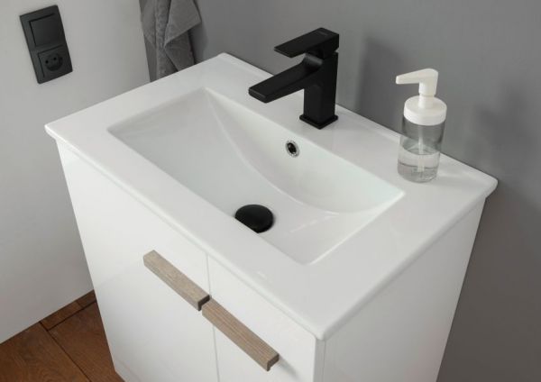 Waschbeckenunterschrank MIT Waschbecken Dense in wei� Lack Hochglanz und Eiche Waschtisch Set h�ngend 60 cm