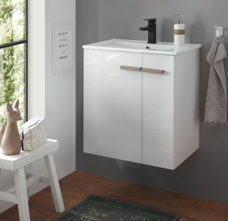 Waschbeckenunterschrank MIT Waschbecken Dense in wei� Lack Hochglanz und Eiche Waschtisch Set h�ngend 60 cm