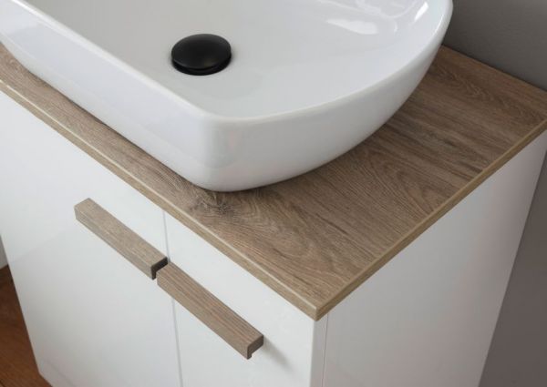 Waschbeckenunterschrank MIT Waschbecken Dense in wei� Lack Hochglanz und Eiche Waschtisch Set h�ngend / stehend 60 cm