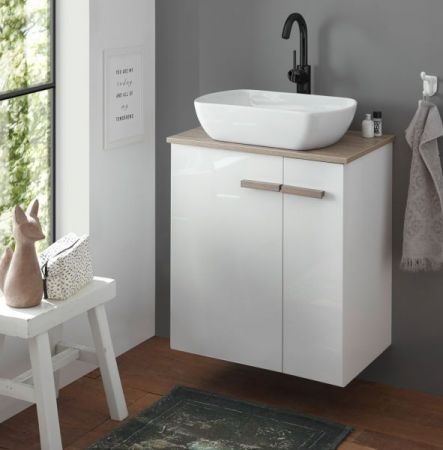 Waschbeckenunterschrank MIT Waschbecken Dense in wei� Lack Hochglanz und Eiche Waschtisch Set h�ngend / stehend 60 cm