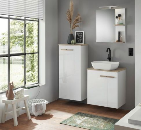 Waschbeckenunterschrank MIT Waschbecken Dense in wei� Lack Hochglanz und Eiche Waschtisch Set h�ngend / stehend 60 cm