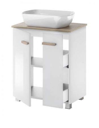 Waschbeckenunterschrank MIT Waschbecken Dense in wei� Lack Hochglanz und Eiche Waschtisch Set h�ngend / stehend 60 cm