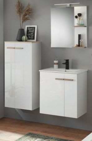 Badm�bel Set Dense in wei� Hochglanz Lack und Eiche Badkombination MIT Waschbecken und Badlampe 130 x 200
