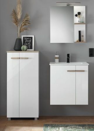Badm�bel Set Dense in wei� Hochglanz Lack und Eiche Badkombination MIT Waschbecken und Badlampe 130 x 200