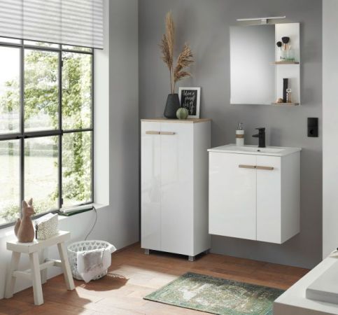 Badm�bel Set Dense in wei� Hochglanz Lack und Eiche Badkombination MIT Waschbecken und Badlampe 130 x 200