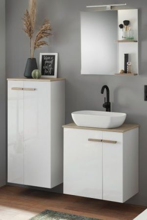 Badm�bel Set Dense in wei� Hochglanz Lack und Eiche Badkombination MIT Waschbecken und Badlampe 130 x 200 h�ngend / stehend