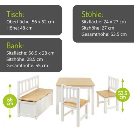 BOMI� Kindersitzgruppe Anna in wei� und natur Sitzgruppe Kindertisch, Truhenbank und 2 x Stuhl