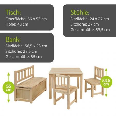 BOMI� Kindersitzgruppe Anna in Kiefer naturbelassen Sitzgruppe Kindertisch, Truhenbank und 2 x Stuhl