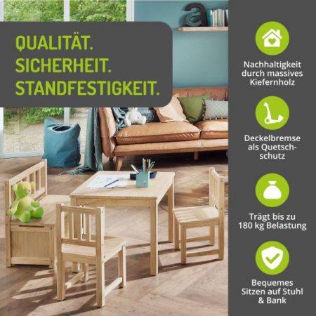 BOMI� Kindersitzgruppe Anna in Kiefer naturbelassen Sitzgruppe Kindertisch, Truhenbank und 2 x Stuhl