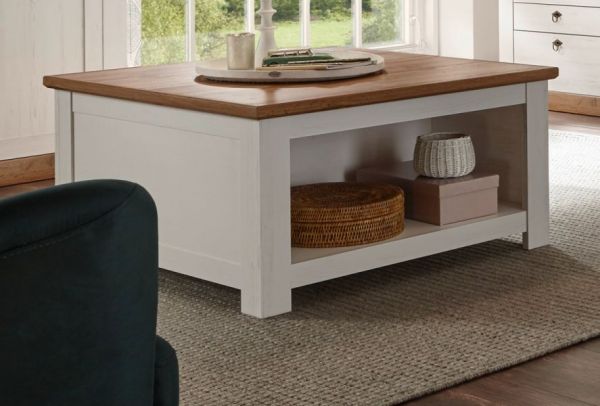 Couchtisch Hemsby in wei� Pinie und Eiche Wotan Landhaus Beistelltisch mit Truhe und Ablage 95 x 95 cm