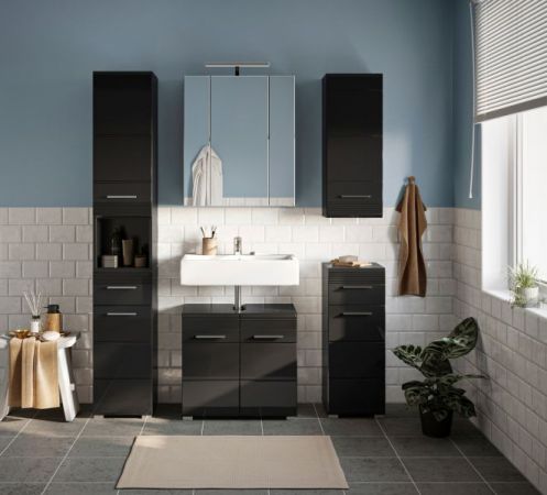 Badm�bel Set 5-teilig Leon in schwarz Hochglanz Badkombination 150 x 182 cm