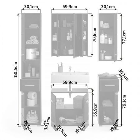 Badm�bel Set 5-teilig Leon in schwarz Hochglanz Badkombination 150 x 182 cm