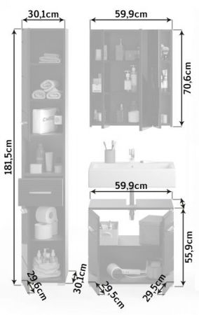 Badm�bel Set 3-teilig Leon in schwarz Hochglanz Badkombination 105 x 182 cm