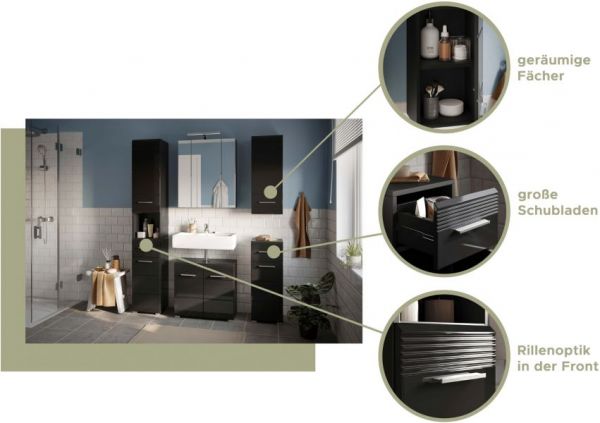 Badm�bel Set 4-teilig Leon in schwarz Hochglanz Badkombination 105 x 182 cm