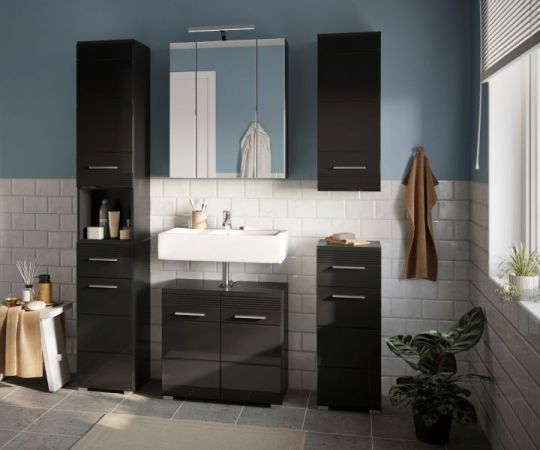 Badm�bel Set 4-teilig Leon in schwarz Hochglanz Badkombination 105 x 182 cm