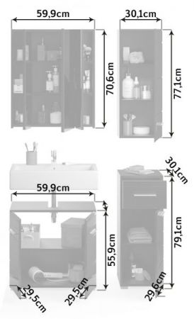 Badm�bel Set 4-teilig Leon in schwarz Hochglanz Badkombination 105 x 182 cm