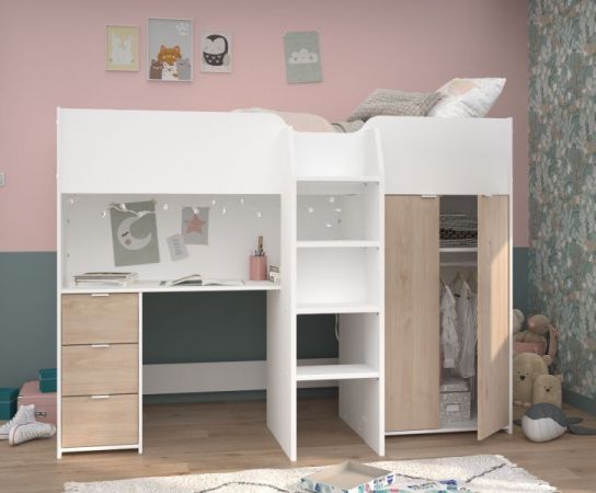 Parisot Hochbett Tom in wei� und Jackson Eiche Jugendzimmer Bett mit Schreibtisch und Kleiderschrank