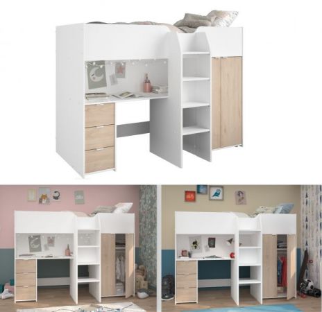 Parisot Hochbett Tom in wei� und Jackson Eiche Jugendzimmer Bett mit Schreibtisch und Kleiderschrank