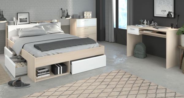 Parisot Schlafzimmer Set Toms in Akazie und wei� Komplettzimmer mit Stauraumbett, Kommode und Schreibtisch