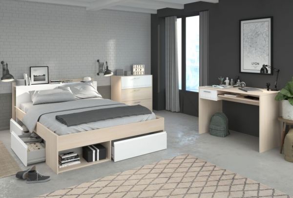 Parisot Schlafzimmer Set Toms in Akazie und wei� Komplettzimmer mit Stauraumbett, Kommode und Schreibtisch