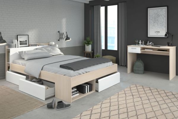 Parisot Schlafzimmer komplett Most61 in Akazie und wei� Komplettzimmer mit Stauraumbett und Schreibtisch