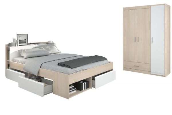 Parisot Kinder und Jugend Schlafzimmer Set Most Akazie und wei� mit Stauraumbett (140 x 200) und Kleiderschrank