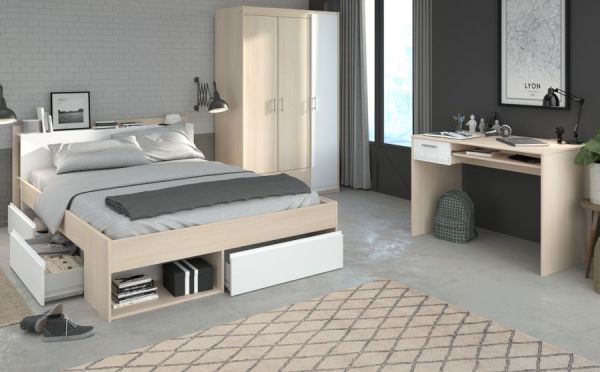 Parisot Kinder und Jugend Schlafzimmer komplett Set Most Akazie und wei�, Set mit Stauraumbett 140x200, Kleiderschrank und Schreibtisch