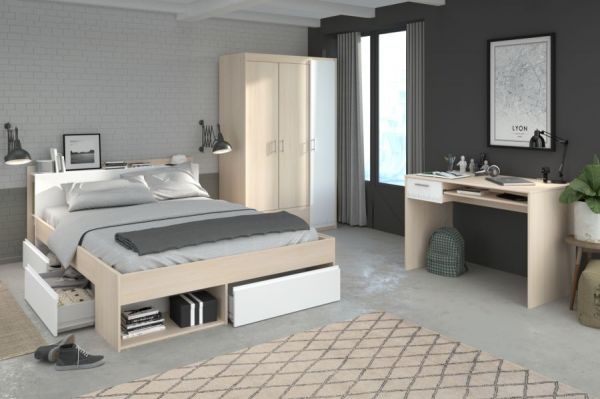 Parisot Kinder und Jugend Schlafzimmer komplett Set Most Akazie und wei�, Set mit Stauraumbett 140x200, Kleiderschrank und Schreibtisch