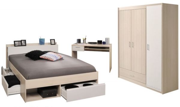 Parisot Schlafzimmer komplett Most74 in Akazie und wei� Komplettzimmer mit Stauraumbett, Kleiderschrank und Schreibtisch