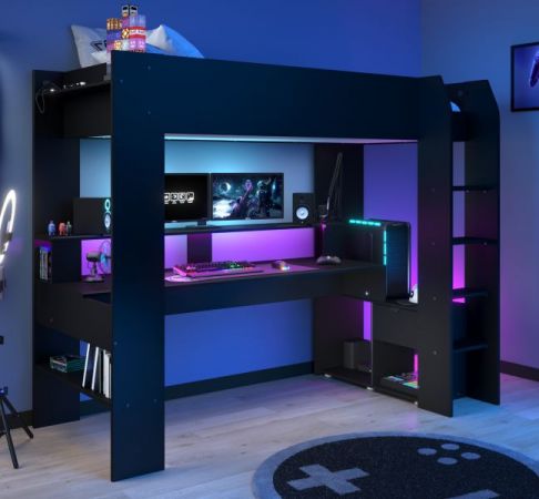 Hochbett Online in schwarz Gaming Jugendzimmer Bett mit Schreibtisch inkl. LED Beleuchtung mit Farbwechsel