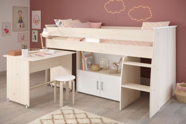 Parisot Hochbett Charly4 in Akazie und wei� Kinder- und Jugendzimmer Bett mit Schreibtisch