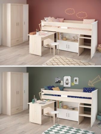 Parisot Kinder- und Jugendzimmer Charly6 in Akazie und wei� Set inklusive Kleiderschrank und Hochbett mit Schreibtisch