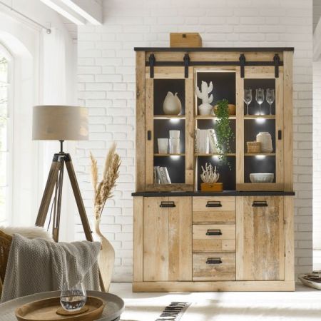 Buffetschrank Stove in Used Wood hell und anthrazit Vitrinenschrank 133 x 201 cm