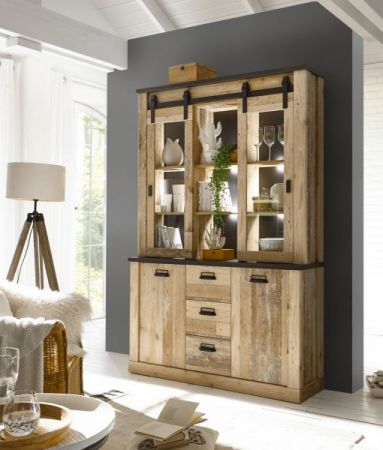 Buffetschrank Stove in Used Wood hell und anthrazit Vitrinenschrank 133 x 201 cm