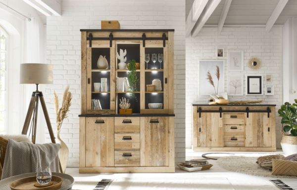 Buffetschrank Stove in Used Wood hell und anthrazit Vitrinenschrank 133 x 201 cm