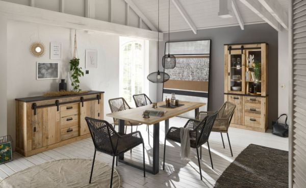 Wohn- und Esszimmer Set Stove in Used Wood hell und anthrazit Wohnkombination 2-teilig mit Vitrine und Sideboard