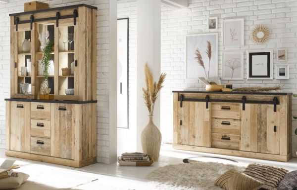 Wohn- und Esszimmer Set Stove in Used Wood hell und anthrazit Wohnkombination 2-teilig mit Buffetschrank und Sideboard