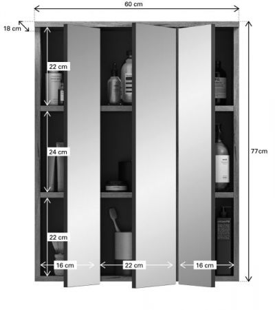 Badezimmer Spiegelschrank Tomaso in Nox Eiche Badschrank 3-t�rig 60 x 77 cm, Soft-Close