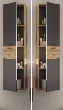 Badezimmer Hochschrank Tomaso in Nox Eiche und Basalt grau Badschrank 37 x 152 cm, Soft-Close