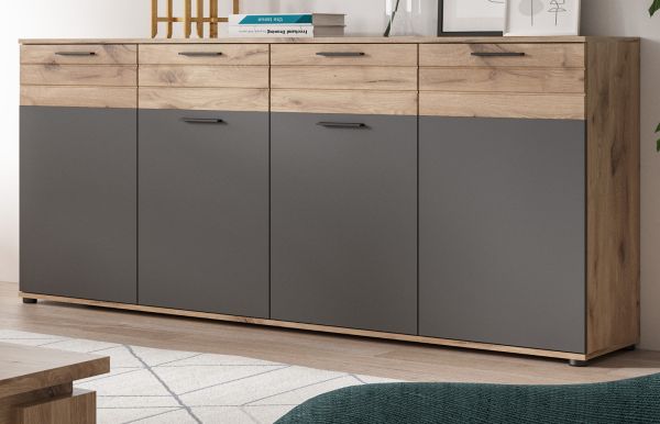 Sideboard Tomaso in Nox Eiche und Basalt grau, Kommode 180 x 87 cm mit Soft-Close